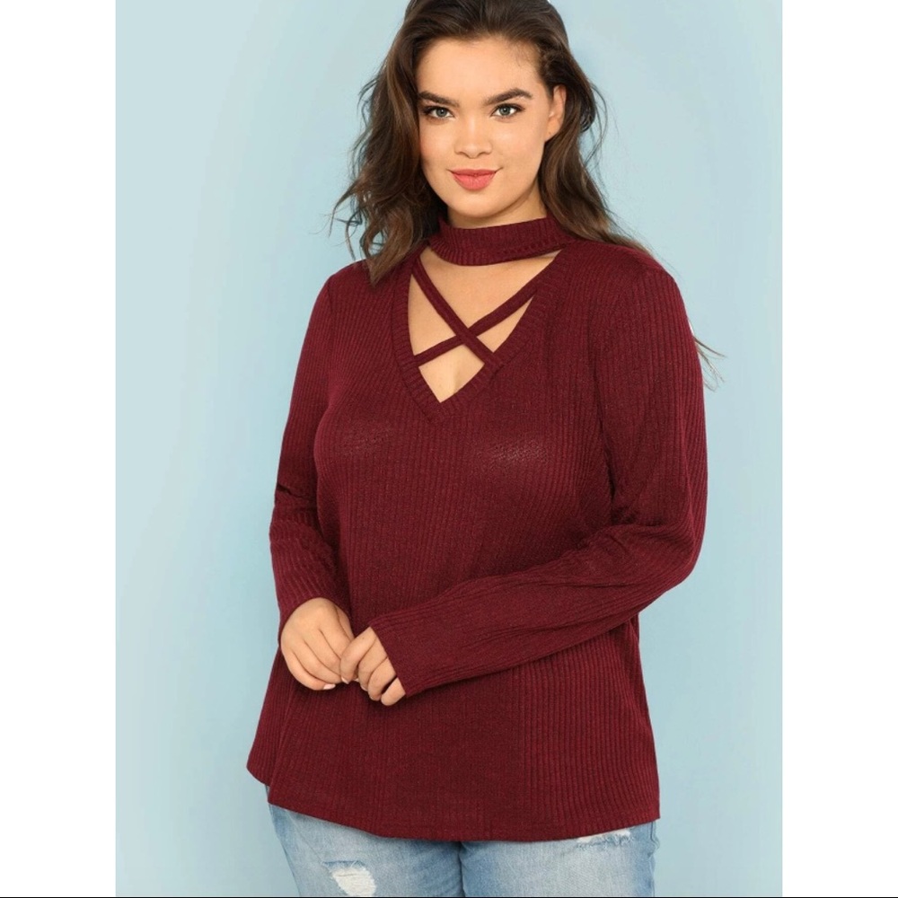 Shein Womens Plus Crisscross Choker Neck Rib Knit Tee Size 3X